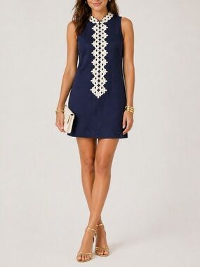 Lilly Pulitzer Vintage Navy Shift Dress White Soutache Trim Sleeveless Size XS